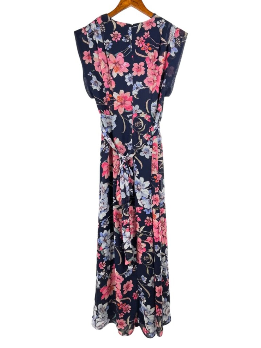 Eliza J Navy Floral Chiffon Wrap Maxi Dress Belted Size 8 Petite - Picture 4 of 15